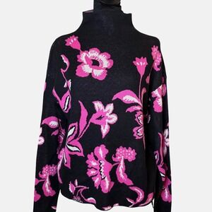 NWT Women's Ann Taylor Pink Black Mock Neck Floral Sweater $80 MSRP SZ M